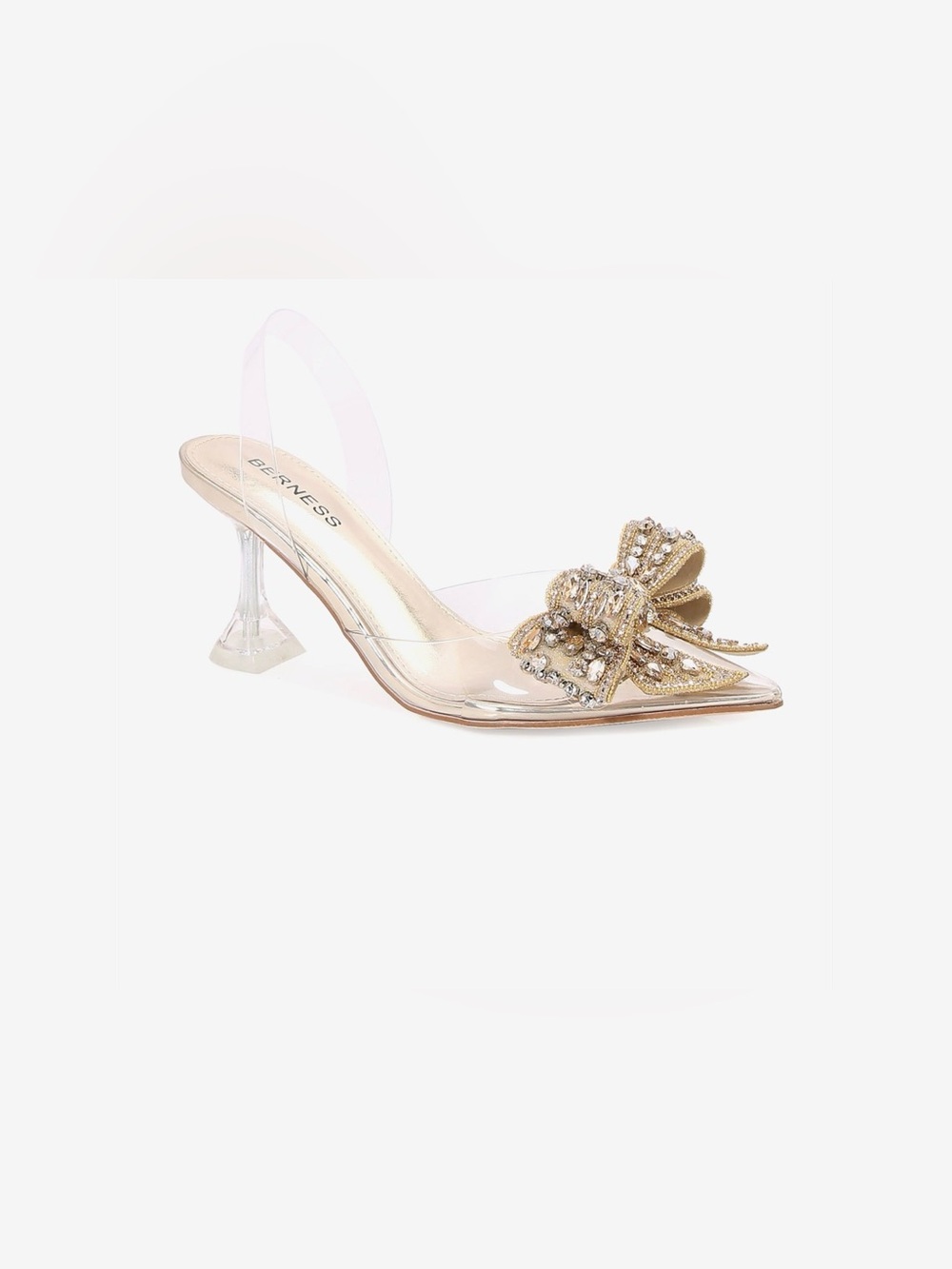 BERNESS Gold Jeweled Bow Clear Slingback Heel